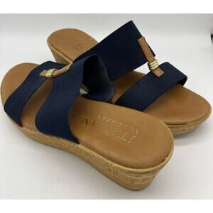 Italian Shoemakers Slip-On Wedge Sandals, Tan Navy, Size 7, Made in Italy